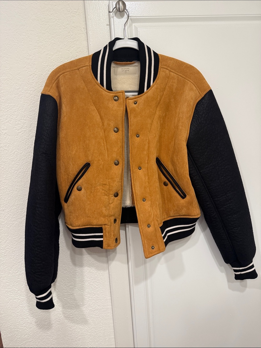 Free People Women's Two-Tone Suede Bomber Jacket in Tan and Black